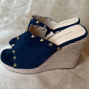Marc Fisher Women’s 8 Platform Wedge Sandals Navy Suede with Gold Accents